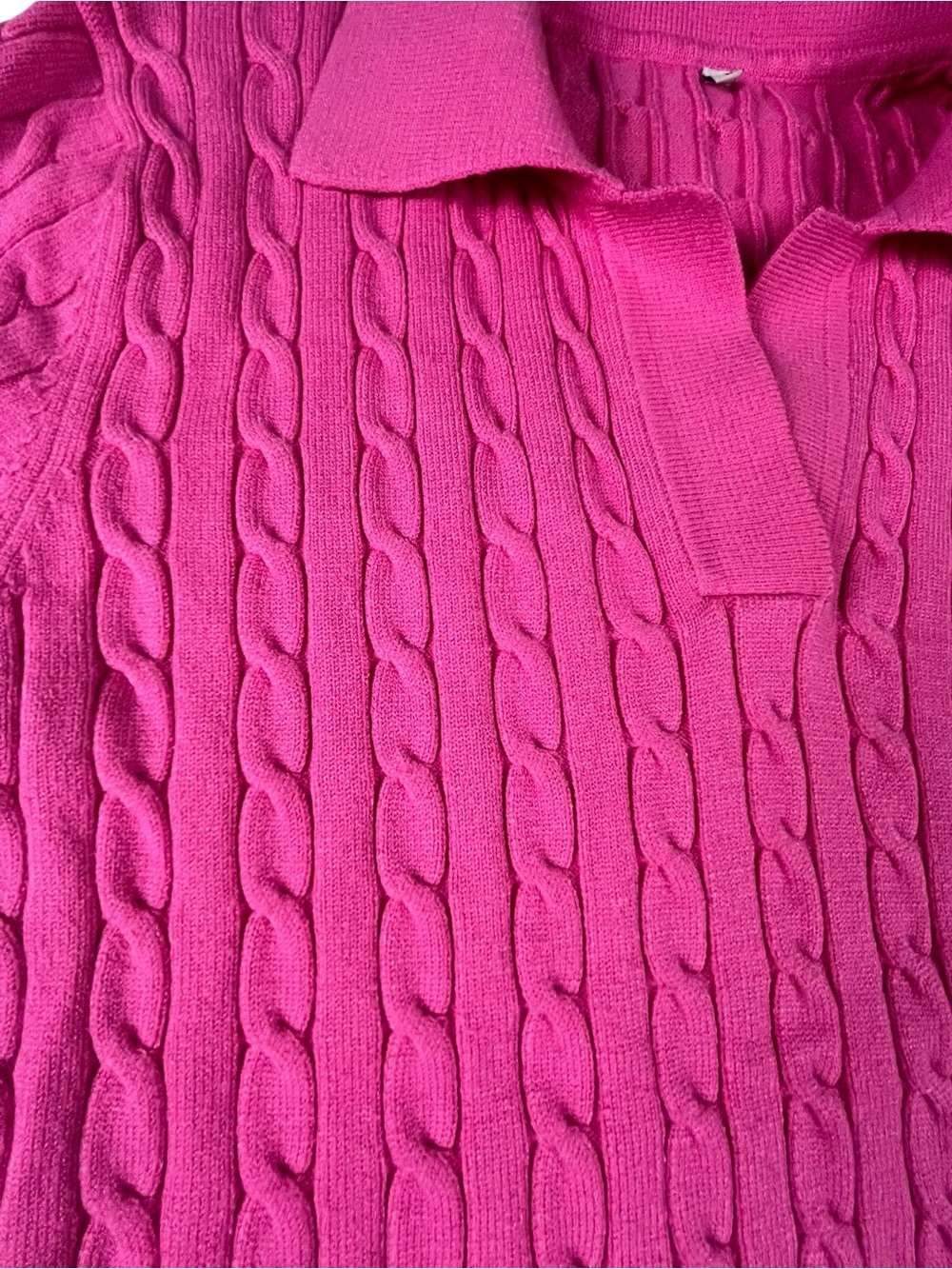 Women’s Short-Sleeve Cable Polo Sweater in Hot Pink L - sku 147 - Picture 7 of 10